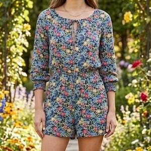 Laundry by Shelli Segal Floral Smocked Waist Romper Navy Blue Medium Boho Summer